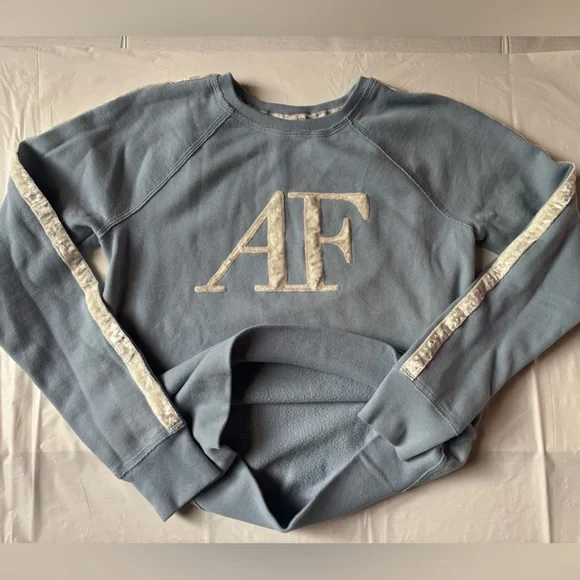 Abercrombie & Fitch Blue Velour Logo Sweatshirt Crewneck w/Velour Stripes Y2K M - Picture 6 of 9